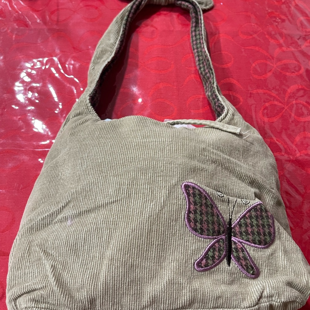 Aeropostale Tan Corduroy Bag with Butterfly Accent Small